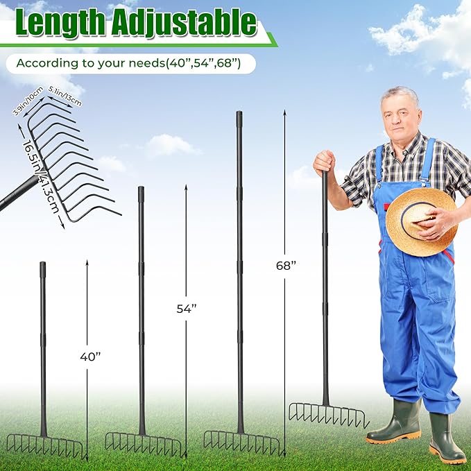 Garden Thatch Rake, 68" Heavy Duty Lawn Leveling Rake with 11 Stainless Steel Tines, Adjustable Long Handle Garden Tool for Loosening Soil, Cleaning The Leaves, Removing Thatch, Laying Sod
