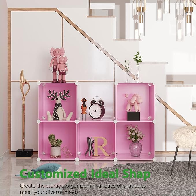 C&AHOME Cube Storage Organizer, 6-Cube Shelves Units, Closet Cabinet, DIY Plastic Modular Book Shelf, Ideal for Bedroom, Living Room, Office, 36.6" L x 12.4" W x 36.6" H Pink UPCS06P