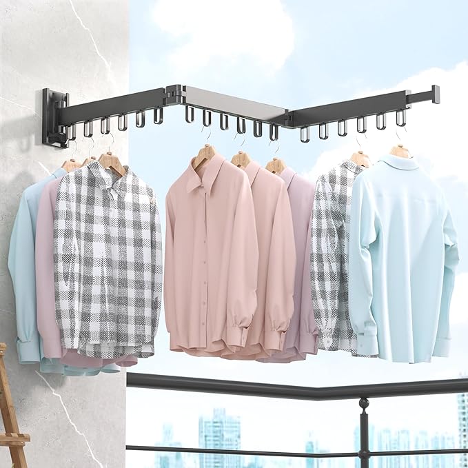 Clothes Drying Rack,Wall Mounted Space-Saver,Retractable,Collapsible, Strong Load-Bearing,ing Rack Clothing,Laundry Drying Rack（Windproof Ring, Three Pole）
