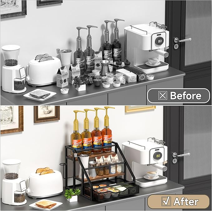 Coffee Syrup Rack Organizer, Spice Racks, Syrup Bottle Holder Stand for Coffee Bar, 3-Tier 12 Bottles Storage Shelves for Syrup, Wine, Dressing for Kitchen Countertop, Rustic Brown & Black