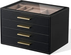 pickpiff Jewelry Box Organizer Case for Women: 4-Layer Jewelry Storage Case with Glass Window, Black Leather with Blush Velvet, Holder for Ring Necklace Bracelet Brooch Watch, Great Gift for Her