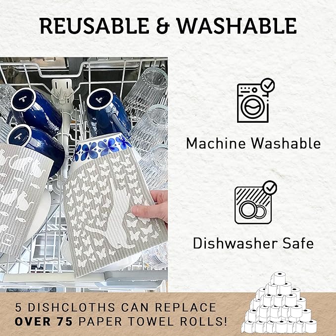 Nordhus Design Swedish Dishcloths, 5 Cat Cloths, Made in Sweden - Reusable, Washable Cellulose Cotton Kitchen Cloths - Replace Paper Towels, Wipes, Sponges, Dish Rags