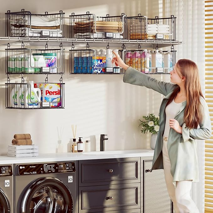 5-Tier Hanging Laundry Room Organizer with Label Cards, Foldable Wire Shelf Basket with 4 Rotating Hooks, Stacked Storage Rack for Laundry Rooms, Closet and Pantry, Black Metal