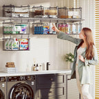 4-Tier Hanging Laundry Room Organizer with Label Cards,Foldable Wire Shelf Basket with 4 Rotating Hooks,Stacked Laundry Basket Organizer,Storage Rack for Laundry Rooms,Closet and Pantry-Black