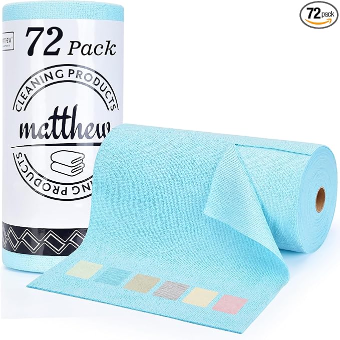 Matthew Microfiber Cleaning Cloth Roll 72Pack (12" x 12") Reusable Paper Towels&Washable Tear Away Towels,Ultra Water Absorbent Lint&Streak Free Cleaning Rags for Glass,Dishwash,Bathroom,Cars-Blue
