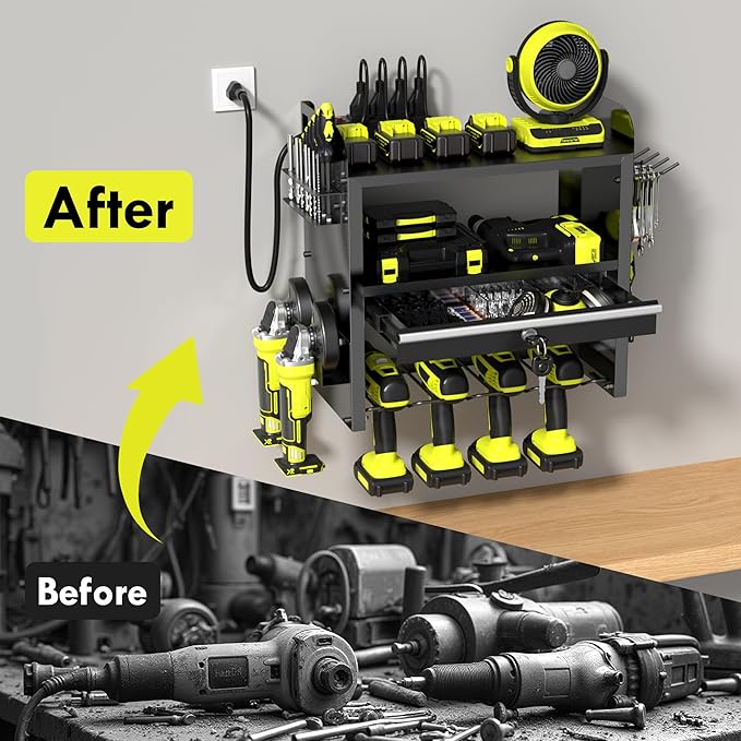 KSVO Power Tool Organizer Wall Mount with Drill Rack & Locking Drawers - Heavy Duty Metal Tool Shelf for Garage, Workshop, Shed, Basement Tool Organization - Gift for Men/Father (Black)