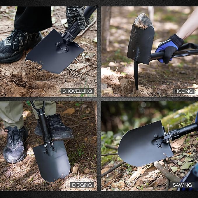 REDCAMP 23" Survival Folding Camping Shovel w/Cover,Portable Shovel with High Manganese Steel, Tactical Entrenching Tool Tri-fold Handle Shovel for Camping Hiking Sand Mud Snow Beach, Black 2.5Lbs
