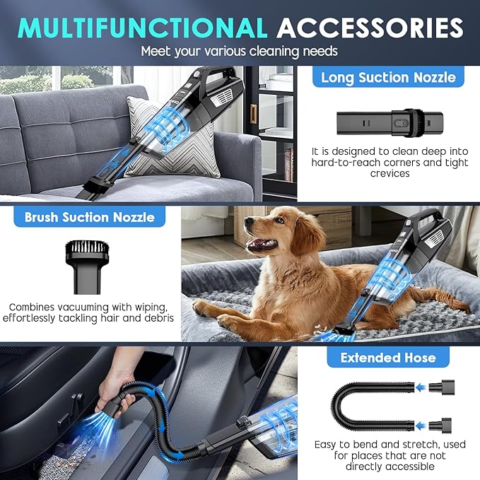 Handheld Vacuum Cordless, 15000PA Strong Suction Hand Held Car Vacuum Cleaner Portable with Multi-Nozzles & Washable Filter, Lightweight Dust Busters Rechargeable for Home, Car, Office, Pets