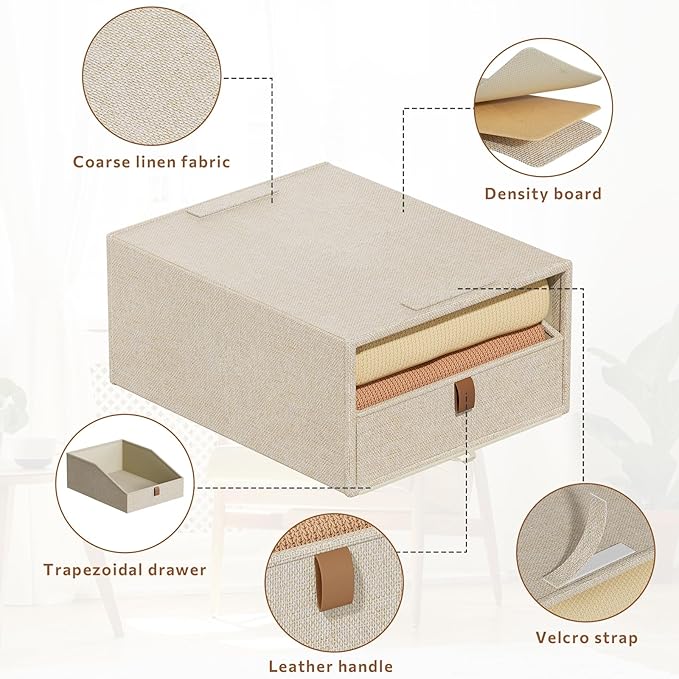 Closet Organizers and Storage 4-Pack Large Storage Bins with Drawers Stackable Fabric Clothes Organizers Storage Box Collapsible Closet Drawers Organizer (Beige, 21L*2)