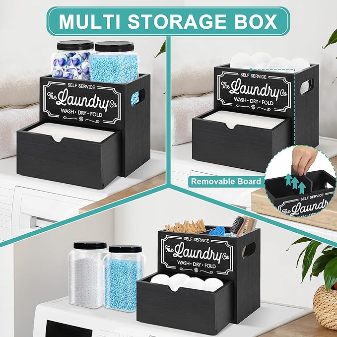 Dryer Sheet Container for Laundry Room Organization, Laundry Pods Container Include 2 Plastic Jars with Lids for Laundry Room Storage, Drying Ball and Laundry Detergent Dispenser, Laundry Room Decor