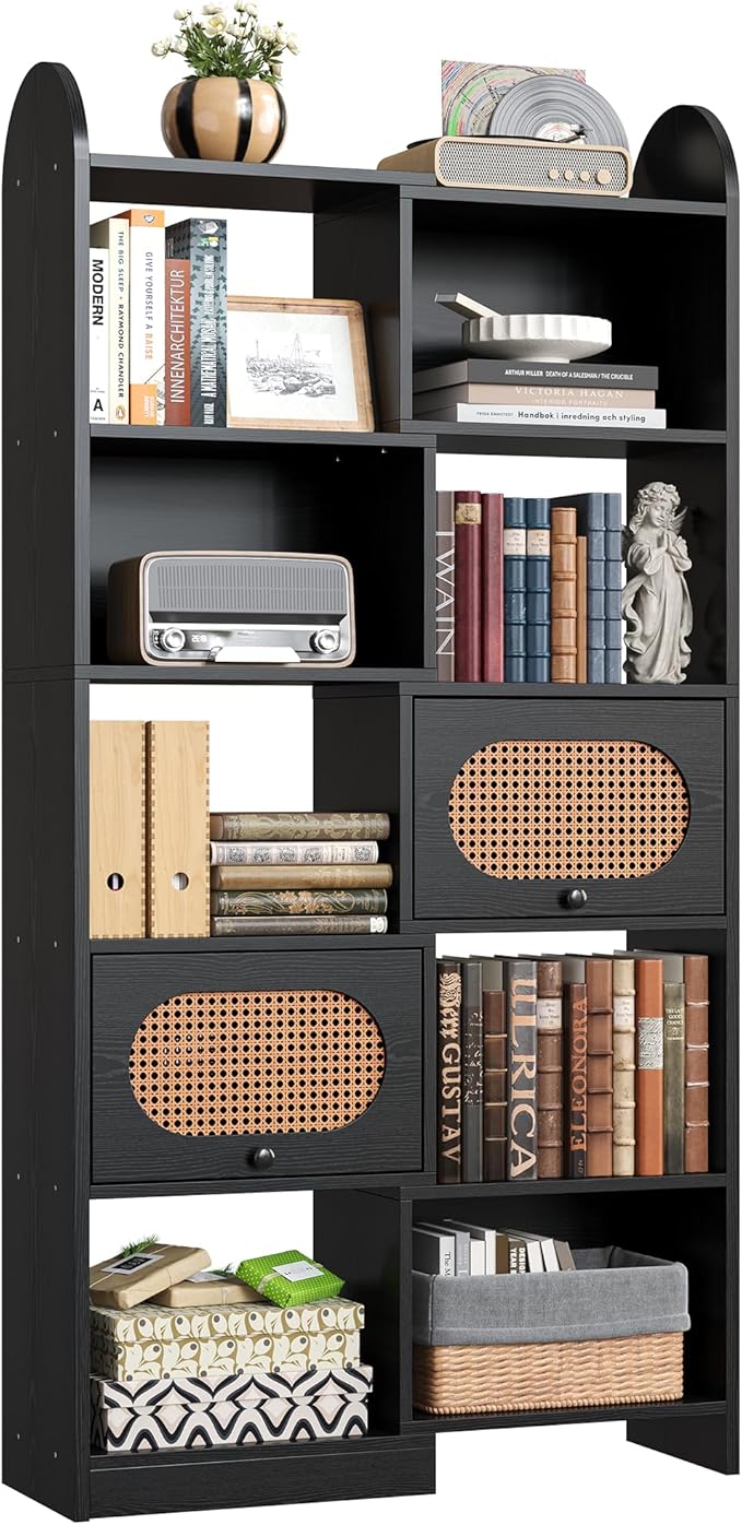 IRONCK 6 Tier Bookshelf and Bookcase with 2 Rattan Design Flip-top Storage Cabinets, 8 Cube Bookcases Display Storage Shelves Organizer for Living Room, 35.4" Black