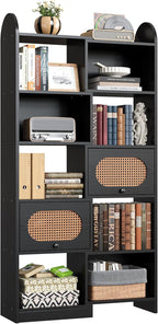 IRONCK 6 Tier Bookshelf and Bookcase with 2 Rattan Design Flip-top Storage Cabinets, 8 Cube Bookcases Display Storage Shelves Organizer for Living Room, 35.4" Black