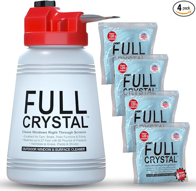 Full Crystal Window Cleaning Kit – 16 oz Glass Cleaner and Bottle with 27 ft Reach, Each 4 oz Bag Makes Up to 640 fl oz, Cleans Up to 80 Windows, Scrub-Free, Rinse-Free
