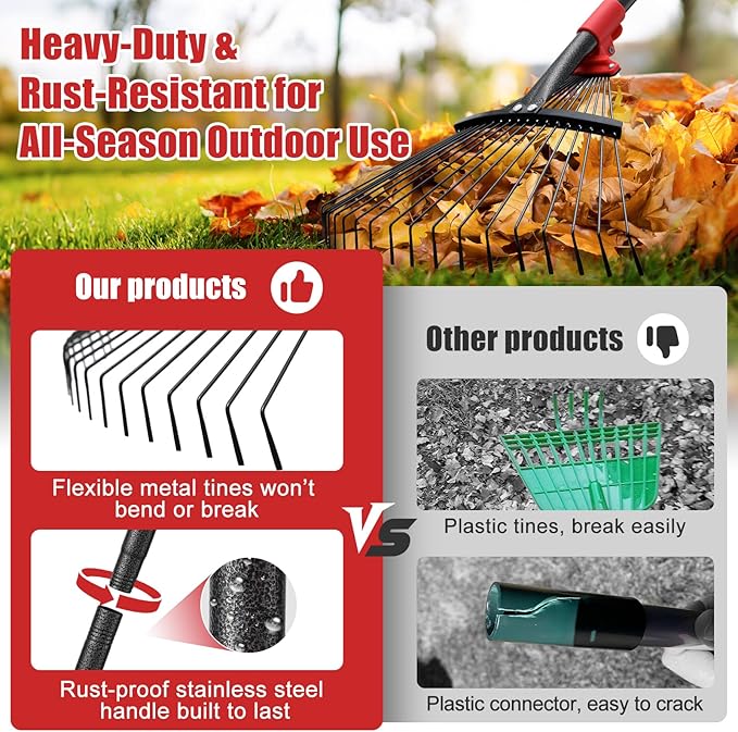 Adjustable Garden Leaf Rake - 58" Heavy Duty Metal Leaves Rake with Expandable Head (8”-17”), Collapsible Kids Rakes for Gardening Beds,Yard,Lawn,Shrub,Small Areas,Pine Needle & Camping Cleaning