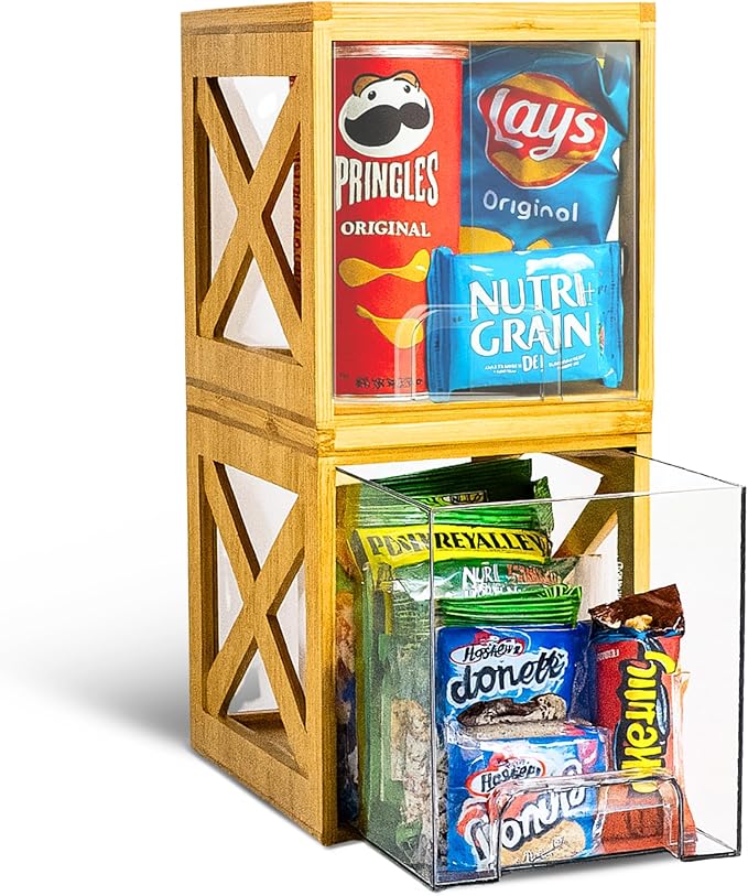 Bamboo Snack & Pantry kitchen Organizer – 2 Pack Bamboo Stackable Storage Drawers – Pull Out Storage for Cookies, Spices, Coffee Pods & K Cups – Clear Acrylic Drawer for Countertop Use