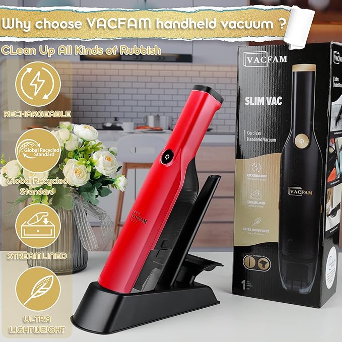 Handheld Vacuum Cordless,15KPA High Power Suction,USB Quick Charge,Car Vacuum Cleaner with Storage Dock,Lightweight Rechargeable Dust Buster with Crevice Tool Pet Brush Hand Vac for Home,Red