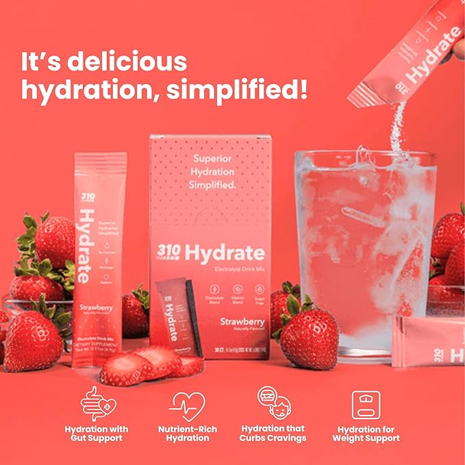 310 Nutrition Sugar Free Electrolytes Powder - Instant Hydration Packets for Daily Fluid Balance - Caffeine-Free Rehydration Drink Mix w/Vitamins, Low Calorie & Keto Friendly - Strawberry 30 Singles