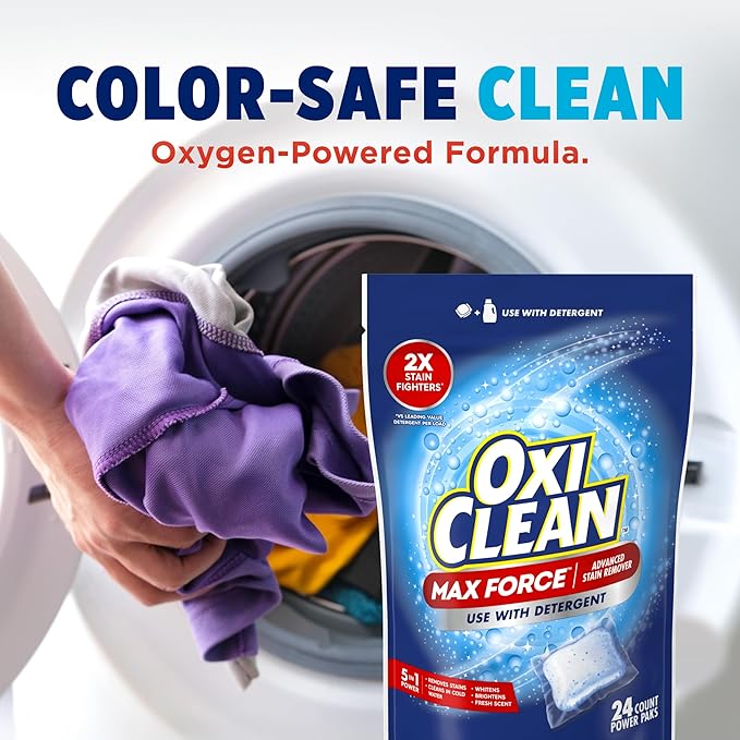 OxiClean Max Force Advanced Stain Remover Power Paks, Use with Detergent to Remove Stubborn Stains, Whiten, Brighten, and Boost Freshness, for All Temps and Washing Machines, 24 count