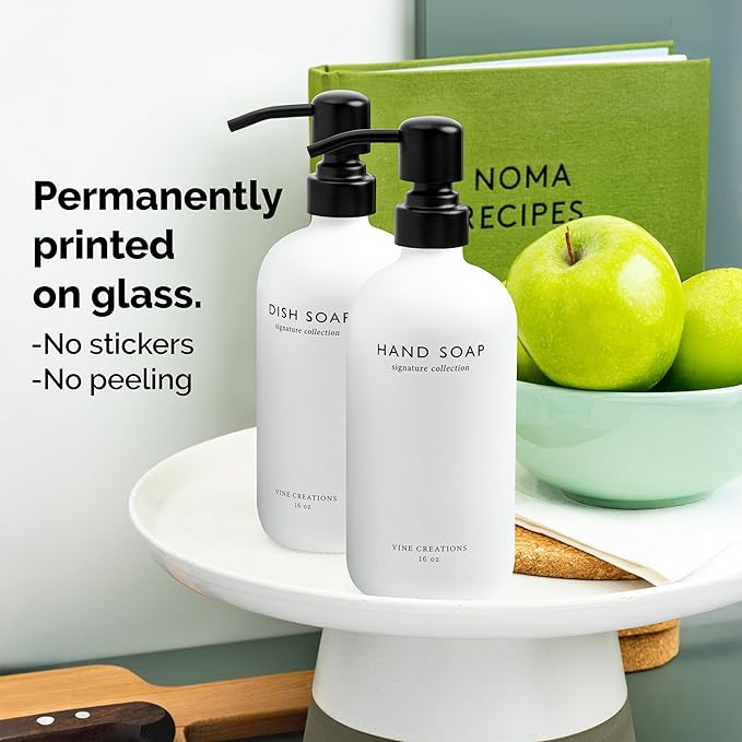 Vine Creations White Glass Soap Dispenser Set, Dish Soap and Hand Soap Dispenser Set with Stainless Steel Pump, 16 oz Glass Dispensers for Kitchen or Bathroom Decor (Matte White Bottle/Matte Black)