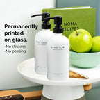 Vine Creations White Glass Soap Dispenser Set, Dish Soap and Hand Soap Dispenser Set with Stainless Steel Pump, 16 oz Glass Dispensers for Kitchen or Bathroom Decor (Matte White Bottle/Matte Black)