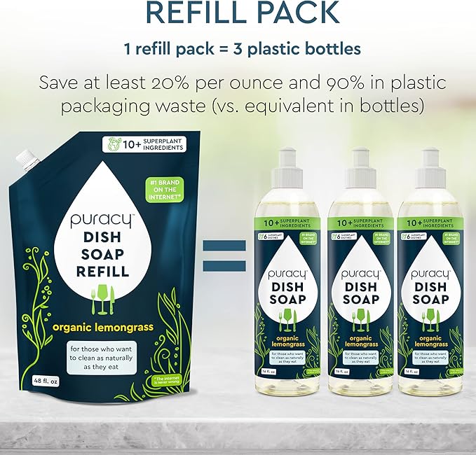 Puracy Natural Dish Soap Packs - Skin-Softening Plant-Based Dishwashing Soap, Non-Toxic Dish Soap, Organic Liquid Dishwashing Detergent Soap (Organic Lemongrass, 16 fl oz, 3 Pack)
