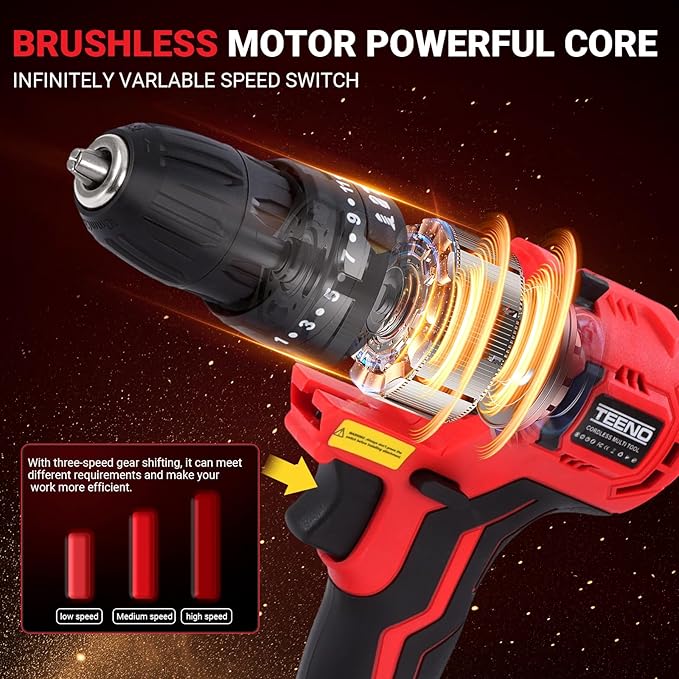 TEENO 20V MAX Power Tool Combo Kit, 7 Tool Cordless Power Tool Set with 3.0Ah Battery, Charger, and Tool Box Included, Brushless Combo Kit for Home Improvement, Yard Work & Woodworking