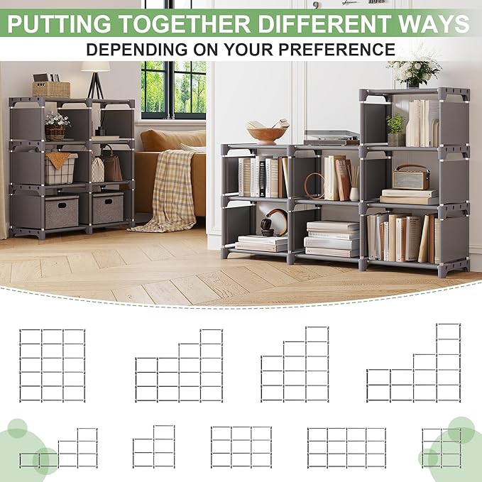 REIBII Bookshelf, DIY Tall Bookcase, 15 Grey Cube Storage Organizers for Bedroom Office Living Room Closet, 11.8" D x 47.2" W x 59" H