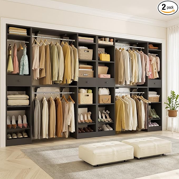 Unikito 10-15FT Closet Systems, Large Wood Walk in Closet Organizer with Hanging Rods and Drawers, Heavy Duty Closets Wardrobe with Shoe Racks, Sturdy Reversible Clothes Closet Kit, Black, Set of 2