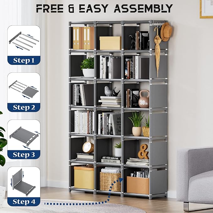 Mavivegue Bookshelf,18 Cube Storage Organizer,Extra Large Book Organizer,Tall Bookcase Shelf,Book Cases/Shelves,Grey Cube Shelf,Cubbies Closet Shelves for Bedroom,Living Room,Home,Office