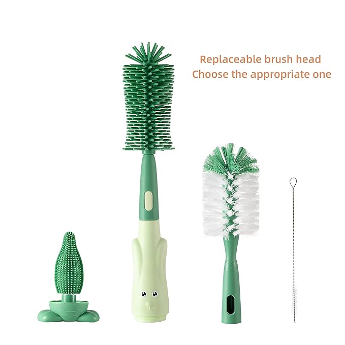 Cup Cleaning Brush, Silicone Baby Bottle Brush with Stand, Large Handle Water Bottle Brush Cleaner Set, with a Tiny Cup Lid Gap Cleaning Brush, Cup Lid Cleaner Brushes Kit, Green