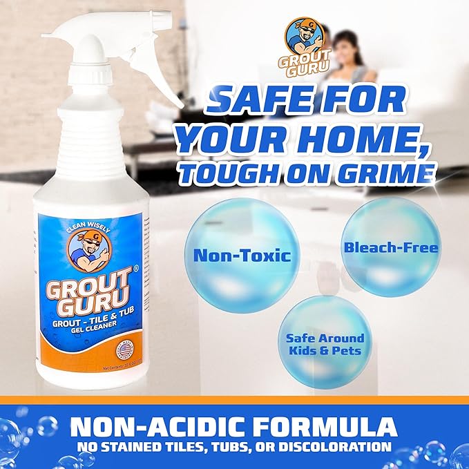 Gel Grout Cleaner for Tile Floors 1 Quart Made in USA - Heavy Duty Gel Bathtub Cleaner for Dirt and Grim, Safe in Colored Grout, Ceramic Floor, Bathroom Shower Kitchen Outdoor Porcelain