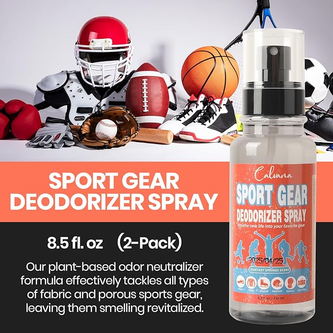 (2-Pack) Calvana 8.5 fl. oz Sports Equipment Deodorizer Spray, Heavy-Duty Odor Eliminator for Helmet, Hockey & Gym Bag, Boxing Glove, Work Boot, and Athletic Gear, Travel-Friendly, Total 17 fl.oz