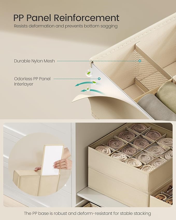 SONGMICS 4 Pack Drawer Organizers, 80 Cells (2x16+2x24), Foldable Dividers, 11.8 x 11.8 x 3.9 Inches, for Socks, Underwear, Ties, Belts, Summer Sand URUS011K01