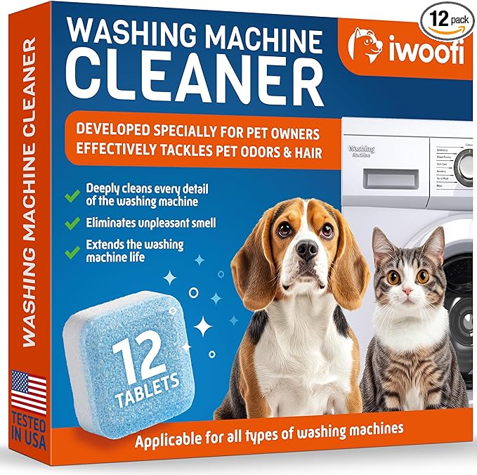 Washing Machine Cleaner Tablets Pro-laundry Cleaner for Washing Machine Front & Top Loader–Septic Safe–Easily Removes Residue Grime Pets Odors and Hard Water Buildup–Formulated for Pet Owners-12 Pack