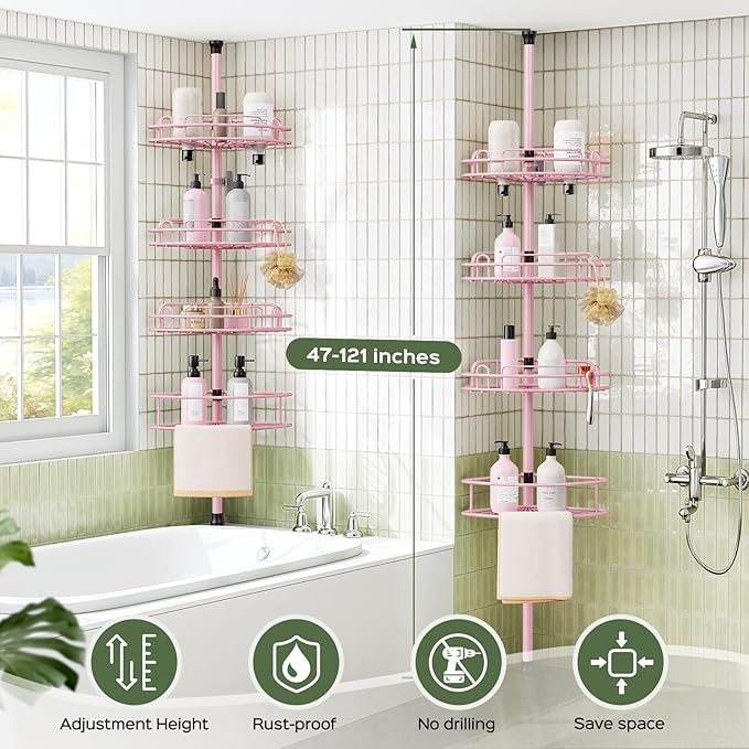 HAMITOR Corner Shower Caddy Tension Pole: 4-Tier Rust-Resistant Adjustable Bathroom Organizer Shelves - 47-121 Inch No-Drill Quick Installation - Space-Saving Storage for Renters Family - Pink