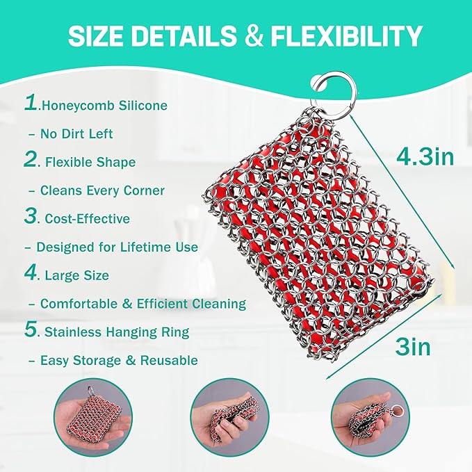 HAUSHOF Cast Iron Scrubber, Chainmail Scrubber with Silicone Core, Premium Chainmail Scrubber Sponge for Skillet, Pan, Dutch Oven