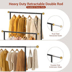 Rolling Garment Rack - Double Rod Clothes Rack with Lockable Casters, Mesh Storage Shelf & Anti-Slip Wooden Finials accented - Sleek Black Freestanding Closet Organizer for Coats, Dresses