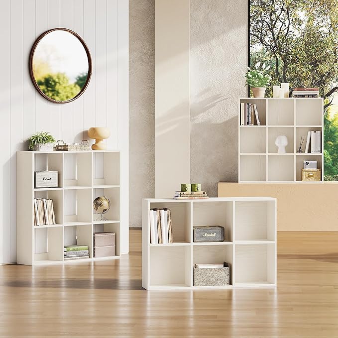 LINSY HOME Cube Storage Shelf, 3 Tier Floor Standing Book Shelf with Storage, Open Freestanding 9-Cube Bookcase Small, White Wooden Bookshelf for Home Office, Bedroom, White Oak