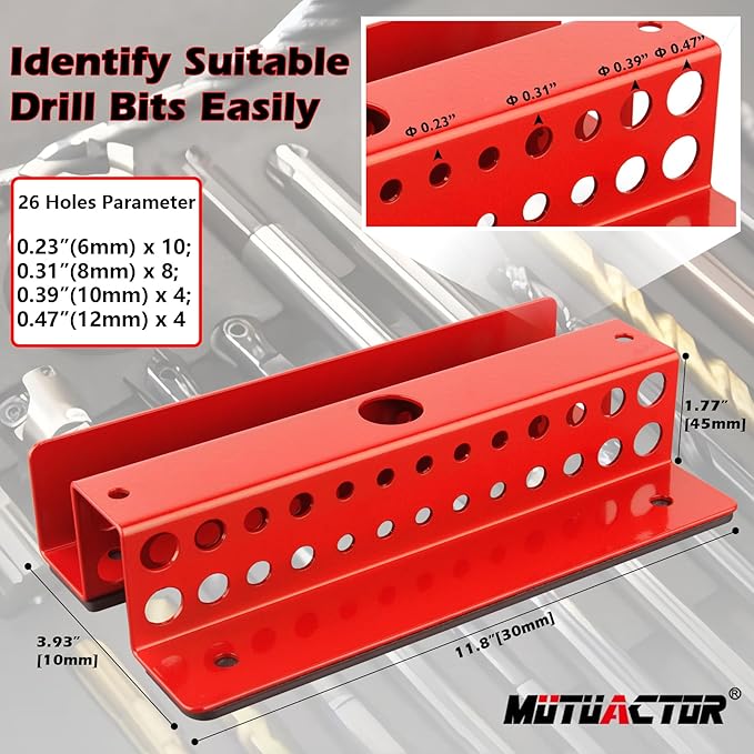MUTUACTOR Drill Bit Organizer Heavy Duty,Quick Access Magnetic Mount Drill Bit Holder,Anti-scratch Magnetic Tool Holder for Long Phillips Head Drill Bits Impact Bits Storage,Red,26 Holes