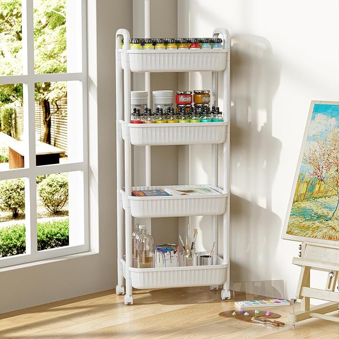 JOYZAN 4 Tier Rolling Carts with Wheels, Utility Cart with Handle and Locking Caster, Storage Cart for Kitchen, Office, Bedroom, Suitable for Diaper, Art Tools, Snack, Craft Storage Cabinet, White