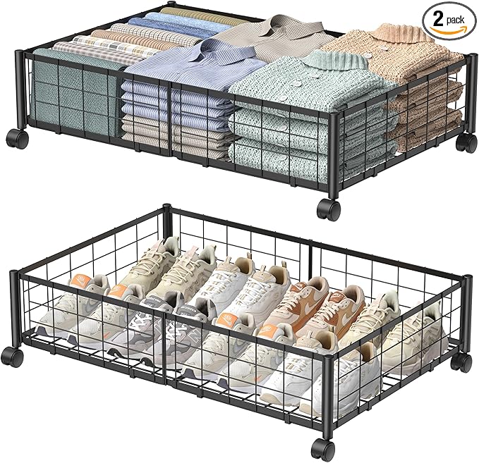 Under Bed Storage with Wheels, 360° Rotating, No-Assembly Underbed Storage Containers, 2PACK