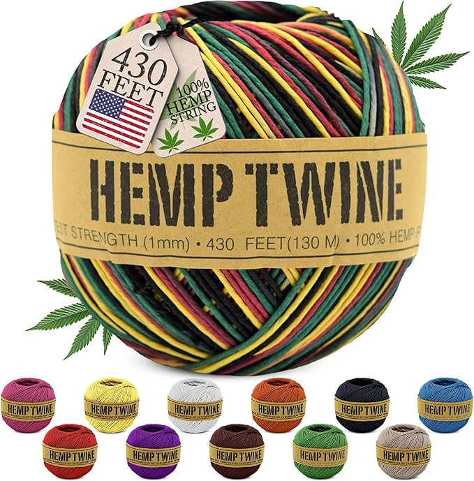 Hemp Twine for Gardening - Twine for Crafts - Organic Natural Hemp String for Jewelry Making - Strong Durable Cord for Decoration, Macrame + Cooking - 1MM, 100G/430 Ft. - 20 lb. Test Strength - Rasta