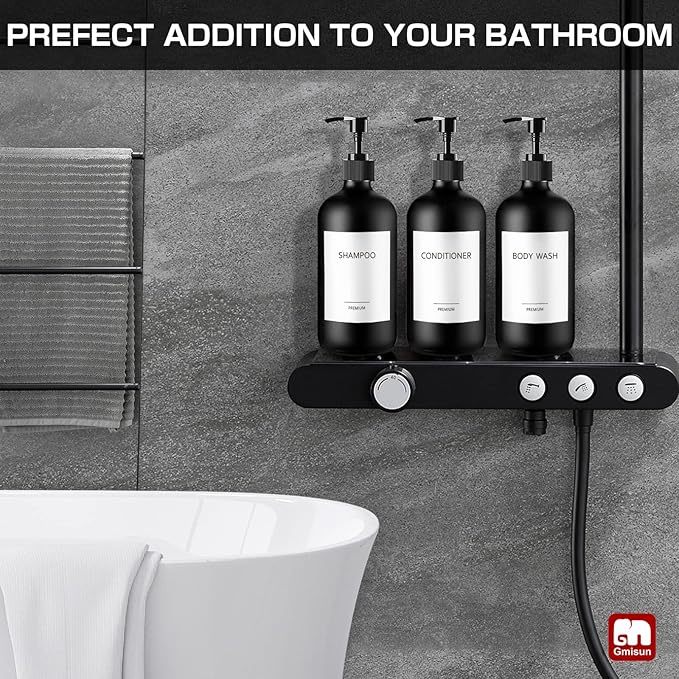 GMISUN Black Shampoo and Conditioner Dispenser, Shower Soap Dispenser Bottles with Labels, Refillable Shampoo Conditioner Body Wash Dispensers, Glass Soap Pump Dispenser Set for Bathroom Shower