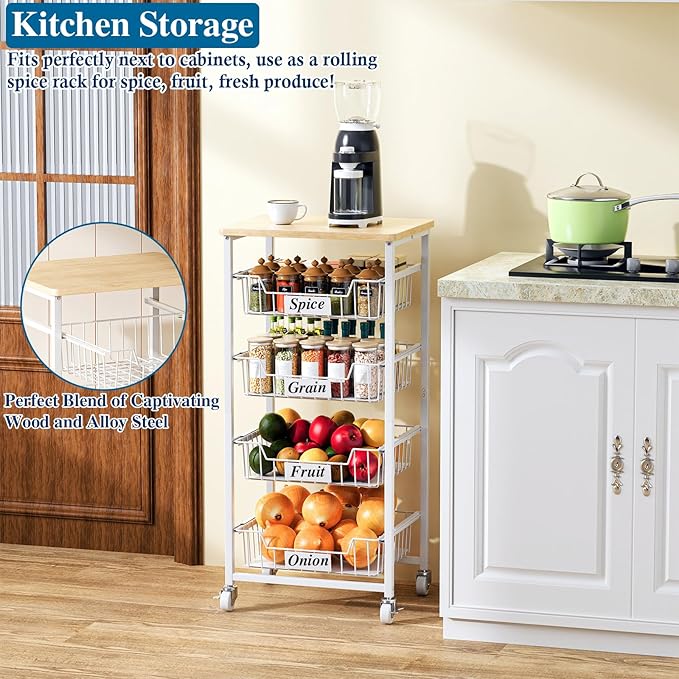 5-Tier Small Kitchen Storage Cart on Wheels with Pull-Out Drawers, Rolling Pantry and Snack Organizer Cart with Wood Top, Kitchen Floor Fruit Basket Stand for Fruit Potato Onion Veggie Snack