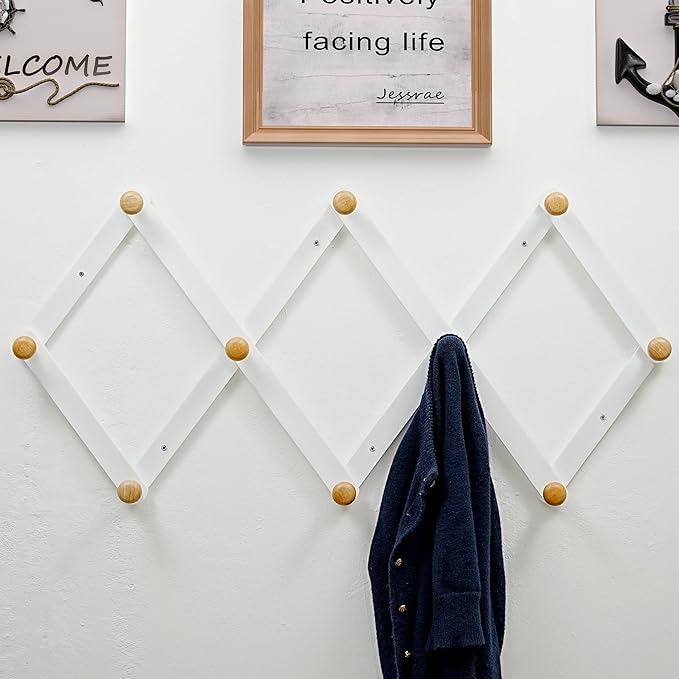 Dseap Expandable Coat Rack (Larger Version) - 24” High, Anti-Slip, Ultra Heavy Duty Wooden Accordian Wall Hanger with 10 Study Peg Hooks for Clothing Hats Jackets Bags, White & Natural