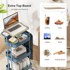 DTK 3 Tier Metal Utility Rolling Cart with Table Top and Side Bags, Metal Tray Storage Organizer Cart with Wheels, Art Craft Cart with 4 Hooks for Kitchen Bathroom Office Living Room (Blue)