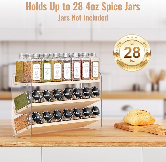 MUDEELA Clear Spice Rack Organizer for Cabinet, 3 Tiered Vertical Spice Shelf, Wooden Seasoning Organizer for Countertop, Kitchen, Pantry, Freestanding, 13.3" W × 11.2" H (No Jars Included)