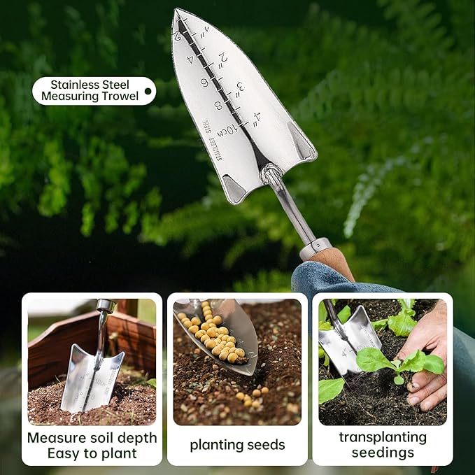 Heavy Duty Garden Tool Set, Stainless Steel Graduated Shovel, Hand Fork, Hand Rake, Transplant Shovel with Scale, 4Pcs Heavy Duty Hand Tools Set for Garden Planting (Garden Hand Tool Set)