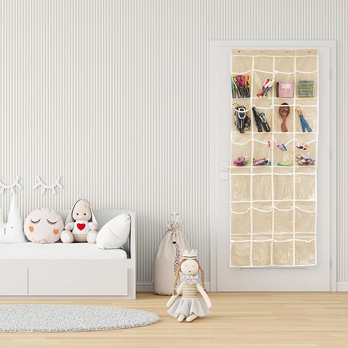 SIMPLE HOUSEWARE 24 Pockets - Crystal Clear Over The Door Hanging Shoe Organizer, Beige (64'' x 19'')
