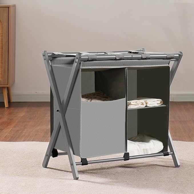 Heybly Luggage Rack with Laundry Bag,Pack of 2,Steel Folding Suitcase Stand with Storage Shelf for Bedroom, Hotel, Foldable Steel Frame, Gray,HLR006G2